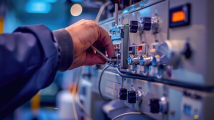 Technician adjusting controls on complex audio equipment in studio setting