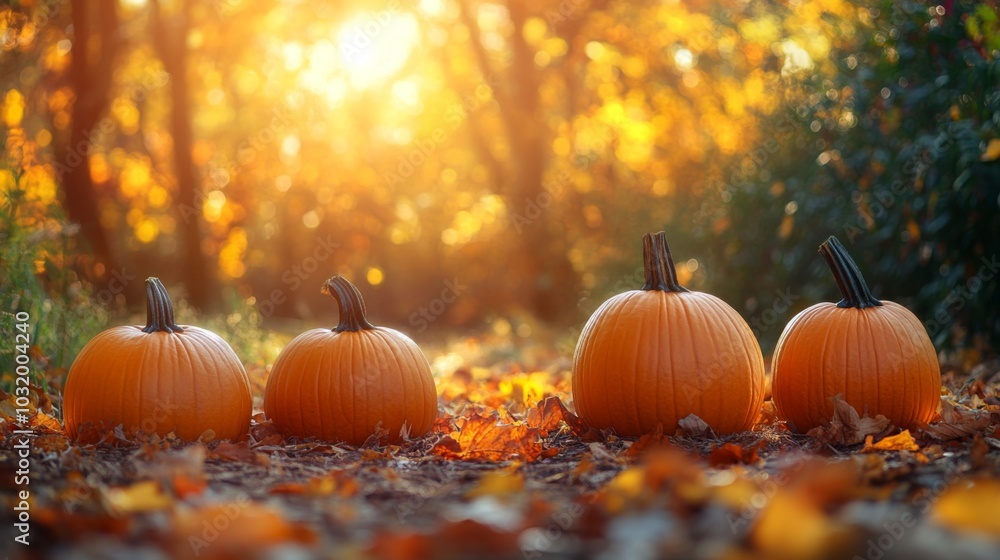 Poster a peaceful autumn pathway features four bright pumpkins resting on a bed of colorful leaves, illumin