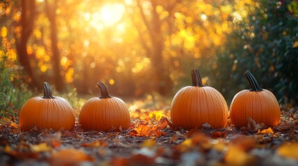 A peaceful autumn pathway features four bright pumpkins resting on a bed of colorful leaves, illuminated by soft golden sunlight filtering through trees.