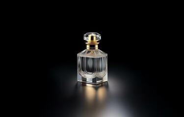 A glass perfume bottle with a gold cap sits on a black surface.