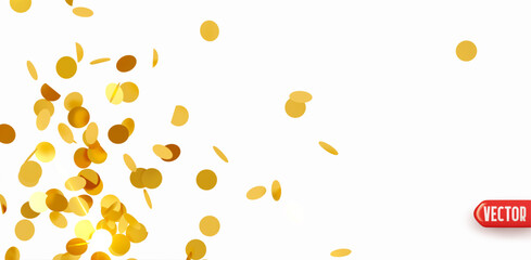 Golden confetti falling on light white background. Confetti realistic round flat design for banners or party themes. Bright festive tinsel of gold color. Vector illustration