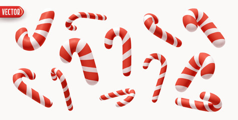 Collection Christmas candy canes in various shapes. Xmas sweets. Set red white striped candy canes in various dynamic positions, realistic 3d design isolated on light background. vector illustration