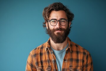 Fototapeta premium Studio portrait of happy bearded italian man in casual outfit standing on blue background, Generative AI