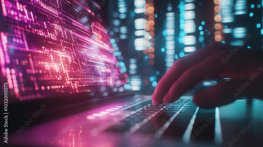 Poster cyberpunk hacker typing