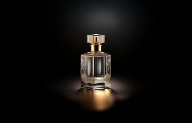 A clear glass perfume bottle with a gold lid stands on a black surface, reflecting a warm light.