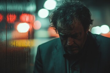 Dejected businessman in rain at night, reflecting urban despair. Moody portrait with neon lights showcases personal crisis. Concept of professional downfall for dramatic visuals