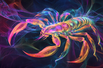  image of a scorpion, combining intricate geometric patterns and vibrant colors to create an abstract, mystical representation.