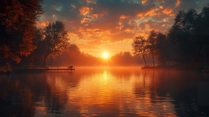 Tranquil Sunset Landscape with Silhouetted Trees