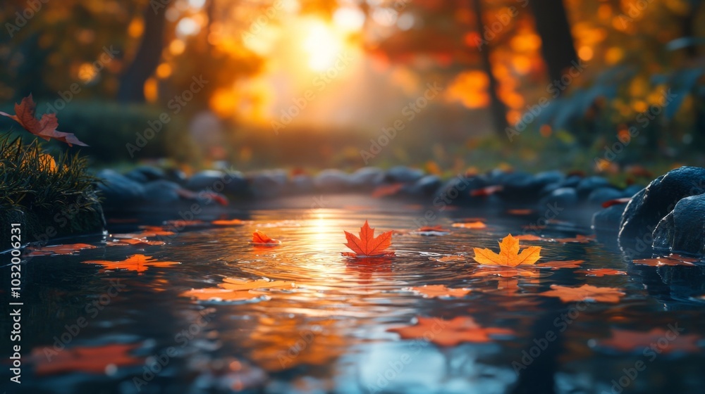 Poster golden autumn leaves drift peacefully on the calm water of a serene pond, illuminated by the warm li