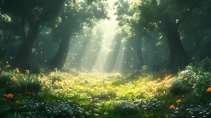 Obraz premium Sunbeams illuminate a lush green forest path with wildflowers in the dappled sunlight.