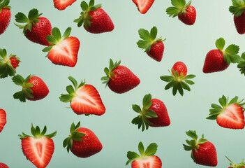 Strawberry with half slices falling or floating in the air with green leaves isolated on background