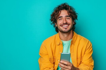 Happy italian man using cellphone on blue studio background and smiling, Generative AI