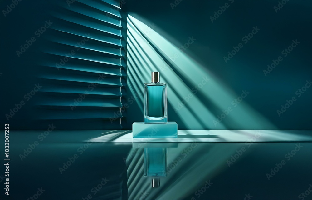 Aufkleber a single perfume bottle sits atop a platform with a light blue hue. it is surrounded by a teal backg