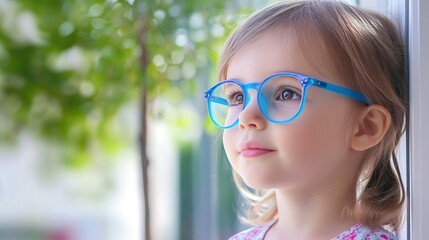 Young child wearing blue glasses focusing on distant tree outside window, symbolizing myopia prevention and importance of outdoor activities.