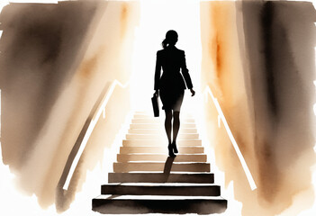 Watercolor drawing, silhouette of a woman climbing up the stairs symbol of the path to success, the realization of plans