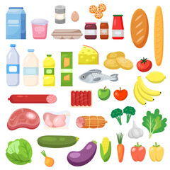 Fresh food from grocery set. Vector illustration in flat style. Different food and beverage products - market basket, grocery shopping. Milk, water, fruits, vegetables, meat, fish, bread