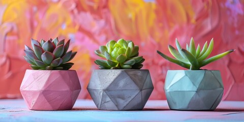 Colorful geometric planters with succulents displayed against a vibrant pink and orange background