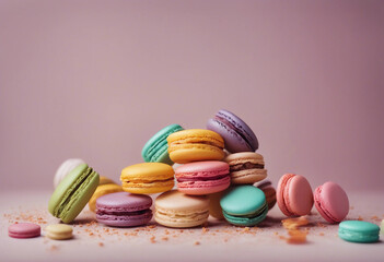 Obraz premium Various colorful of macarons floating on the air isolated on clean background Desserts sweet cake co