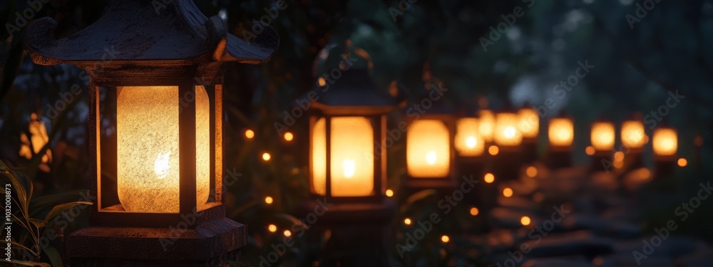 Poster softly glowing lanterns at night, a serene row of identical lanterns casting a warm light in a tranq