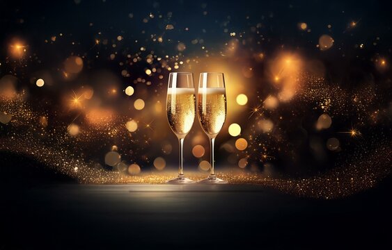 Two champagne flutes filled with bubbly stand on a dark surface with gold glitter and bokeh lights in the background.