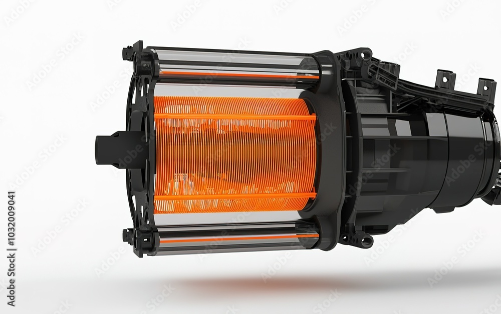 Poster detailed view of an industrial component featuring a transparent design with orange coils and a robu