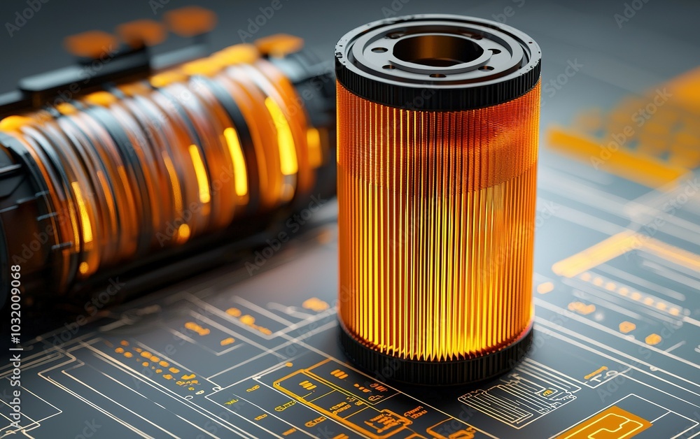 Aufkleber detailed view of an orange automotive oil filter on a technical blueprint background showcasing mode