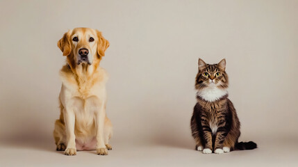 A plain white background with a dog on one side and a cat on the other.