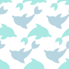 Green dolphin emerges from water. In reflection Gray sea mammal. Seamless vector pattern. Repeating ornament of sea mammals. Isolated colorless background. Flat style. Ocean inhabitant with fins.