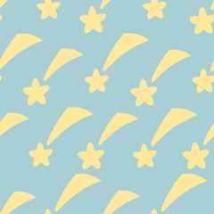 Falling golden star. Seamless vector pattern. Isolated blue background. Flat style. Endless ornament of asteroids. Make a wish. Celestial body leaves a trace. Idea for web design.