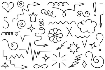 Collection of squiggles. Sketch. Vector illustration. Set of different details: arrows, squiggles, springs, spirals, signs and symbols. Outline on an isolated white background. Doodle style. 