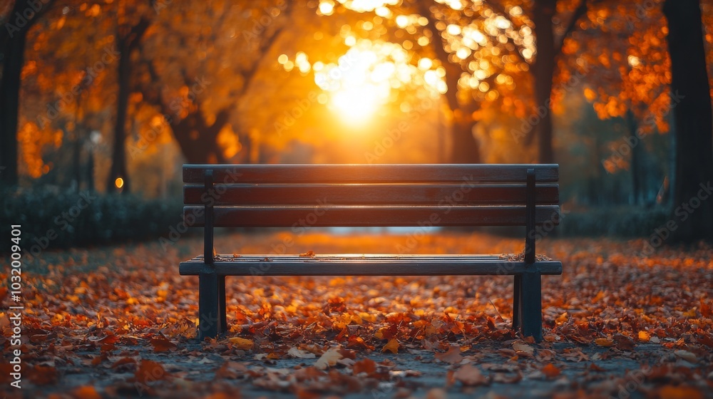 Poster a peaceful park bench sits alone on a path covered in colorful autumn leaves, illuminated by the war