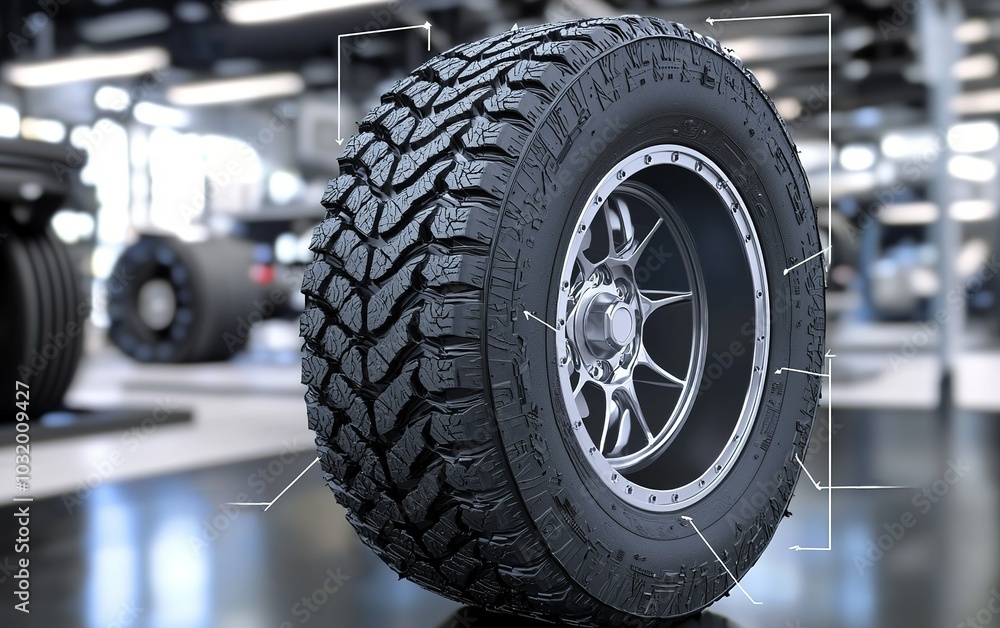 Poster high-performance all-terrain tire displayed in a well-lit automotive workshop setting, showcasing in