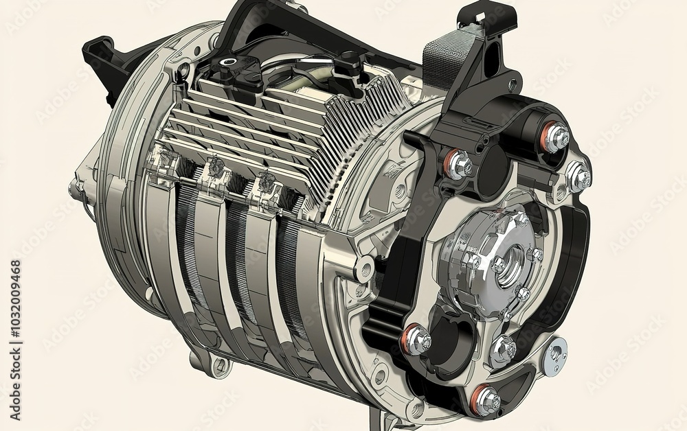Poster detailed illustration of a supercharger engine component showcasing intricate mechanical design and 