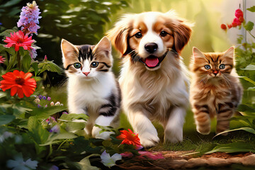 Obraz premium Niedliche Katzen und Hunde spielen im Garten Nahaufnahme