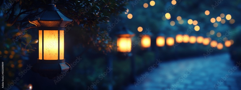 Poster softly illuminated lanterns in a serene night setting, creating a tranquil and enchanting atmosphere