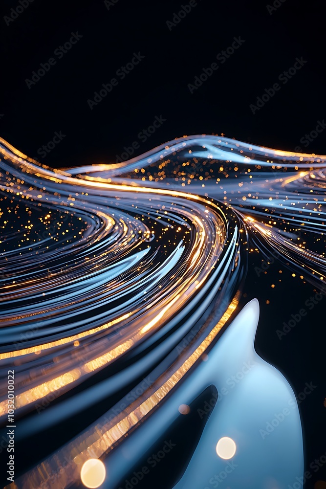 Poster captivating abstract design featuring flowing lights and sparkling effects against a dark background