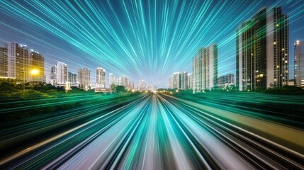 Fototapeta premium Speeding into Tomorrow Cityscape with Motion Blur Light Trails Embracing Technology and Innovation.
