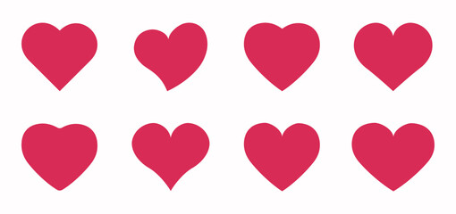 Set of red flat simple hearts, valentine's, Valentine Day decorations, application buttons, like signs and symbols, logos, emblems, vector illustration.