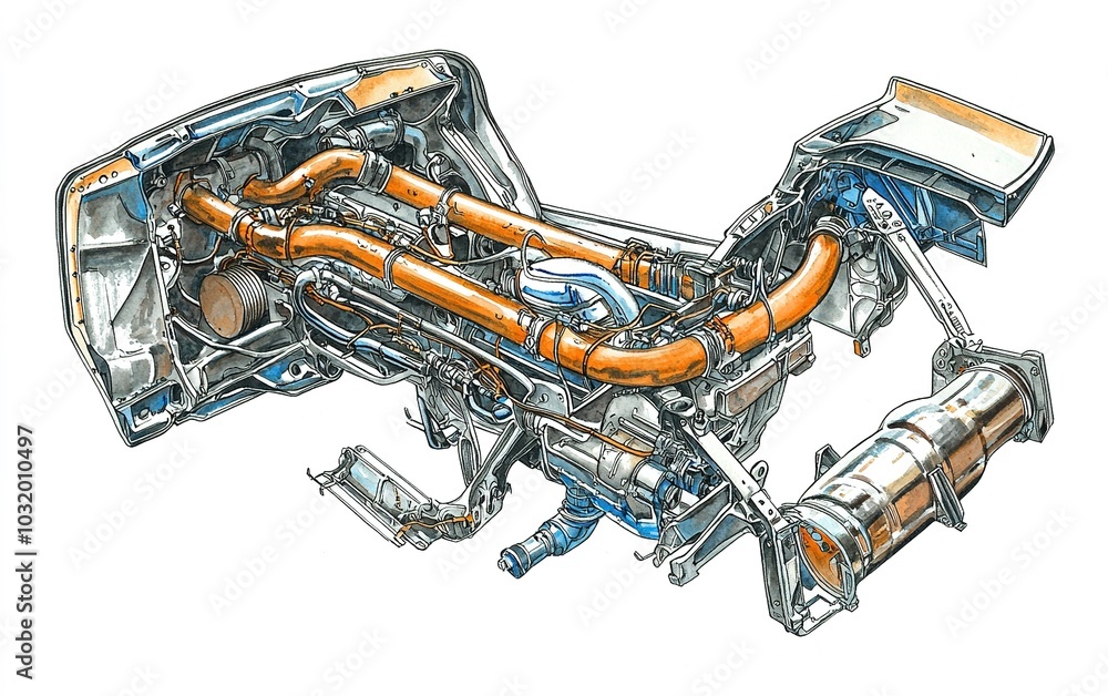 Poster detailed view of automotive engine components with copper piping and exhaust system in a workshop se