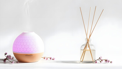 Fototapeta premium Aroma oil diffuser lamp with the sticks perfume and candle isolated with white highlights, png