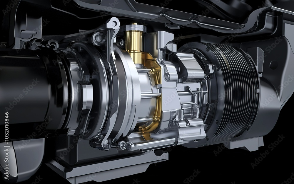 Poster close-up of a detailed automotive engine component showcasing the intricate design and engineering b