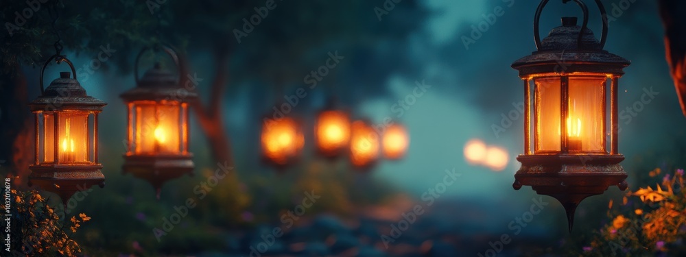 Poster softly glowing lanterns at night, a serene row of identical lanterns illuminating the darkness, crea