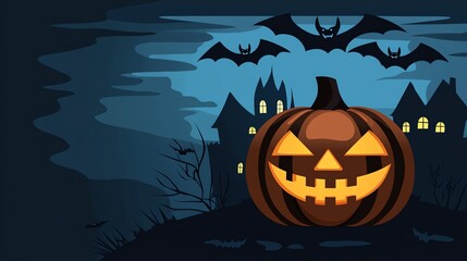 A glowing jack-o'-lantern sits in front of a haunted house under a moonlit sky filled with bats, capturing a classic Halloween atmosphere.