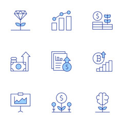 Growth icons set. Line Duotone style, editable stroke. growth, money, presentation, report, benefits, excellence, growing knowledge, investment