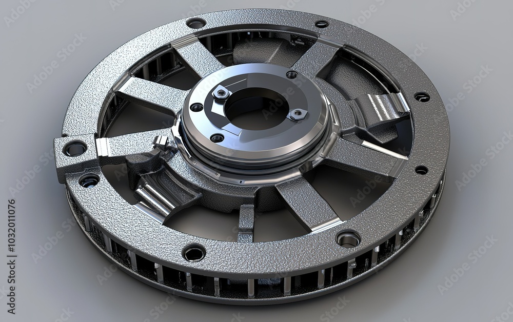Poster close-up of a detailed metallic automotive component showcasing precision engineering in a workshop 