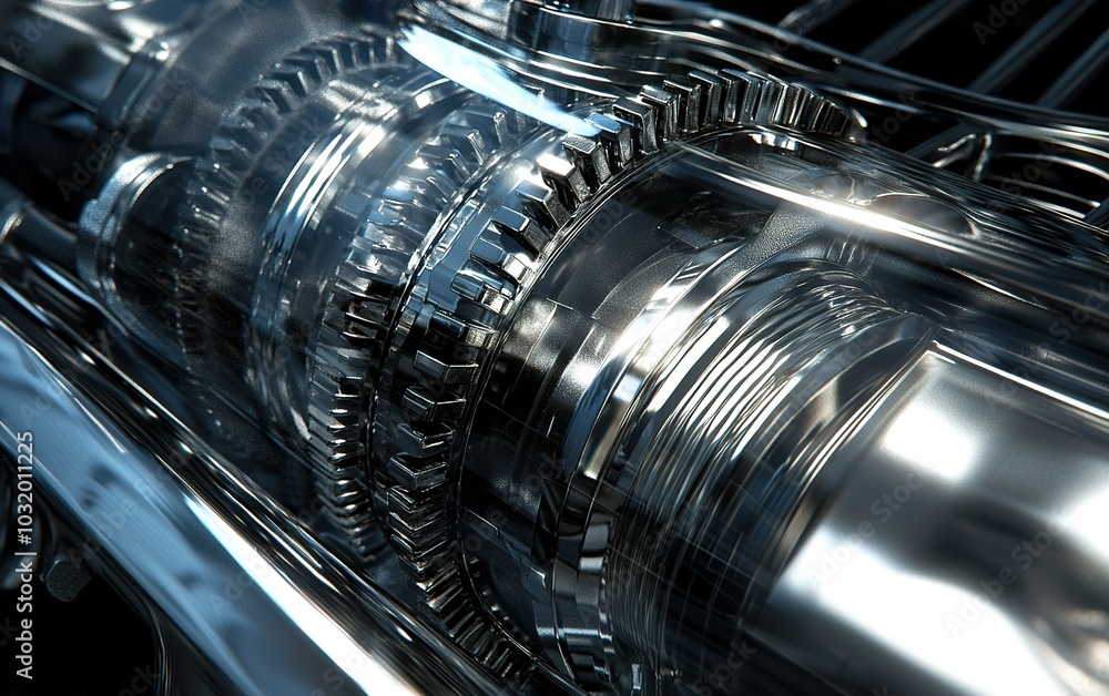 Poster close-up view of a metallic engine component showcasing intricate gear mechanisms and reflective sur