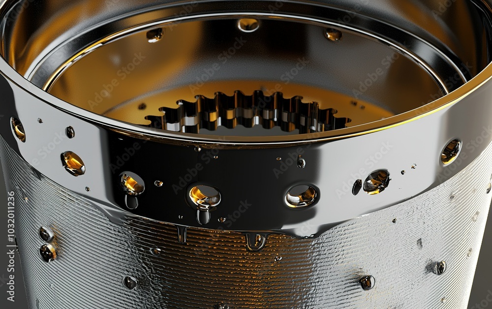 Aufkleber close-up view of a metallic gear assembly with droplets on its surface, showcasing intricate design 
