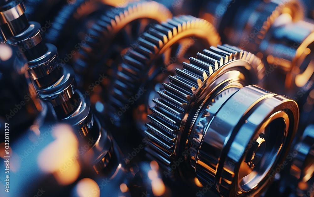 Poster close-up view of intricate metal gears reflecting light in a dynamic machinery setting during the ev