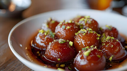 A plate of gulab jamun soaked in syrup with a sprinkle of pistachios