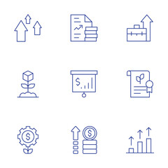 Growth icons set. Thin Line style, editable stroke. revenue, presentation, professional, progress, quality, report, growth